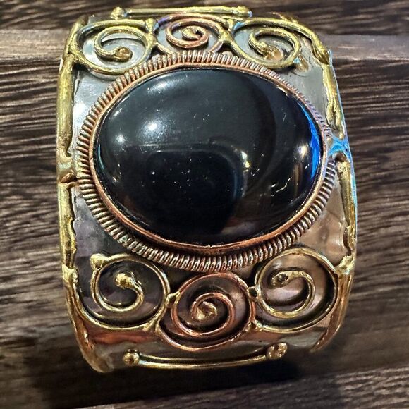 Artisan-Made Adjustable Black Onyx and Mixed Metals Cuff Bracelet - 2 Inches Wi - Picture 4 of 9